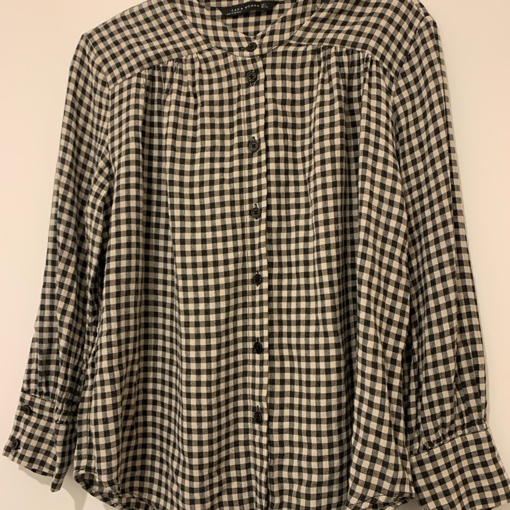 Zara Black and Cream Checkered Button Down Shirt
